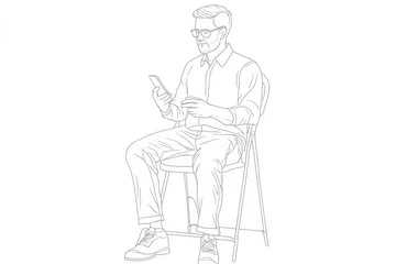 A simple line drawing of an adult man sitting on a chair, holding a smartphone in one hand and wearing glasses Generative AI