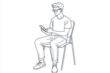 A simple line drawing of an adult man sitting on a chair, holding a smartphone in one hand and wearing glasses Generative AI