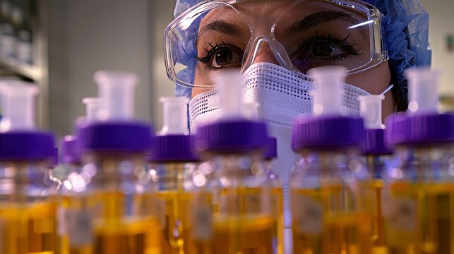 Pharmacist scientist analyzing medical vials in protective gear at night in factory