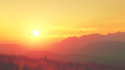 Obraz premium Sunset mountains with flying birds in orange yellow sky.
