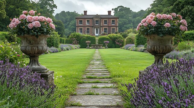 Grand classical estate garden sweeping lawn bordered symmetrical parterres filled with roses and lavender The garden features ornate stone urn planters a central fountain and a winding stone pathway