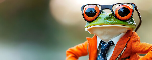 Sophisticated Frog in Orange Suit and Spectacles A Close-Up Portrait