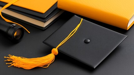 Obraz premium Graduation cap, books, and flashlight on black surface.