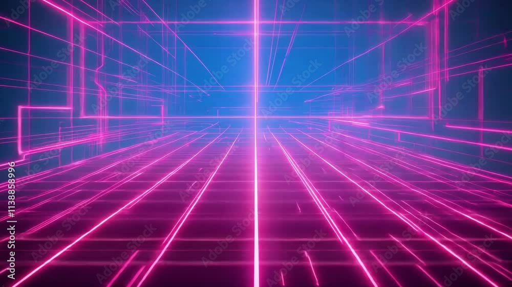 Sticker camera is moving through a virtual city made of glowing neon gridlines. the animation is seamless an