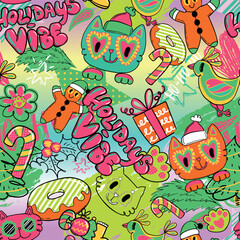 Urban print with typography in street art style. Graffiti print with text Holidays girl, winter vibes, ho-ho, grunge fir tree illustration, star, sketch heart, berries brunch spray effect.