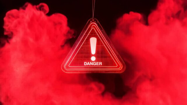 Red smoke fills the frame, creating a dramatic effect against a black background. A danger sign hangs prominently in the center, emphasizing themes of hazard and caution
