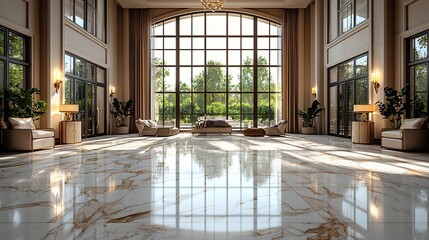 Luxurious marble floor with intricate veining captured at midday with natural light streaming through large windows the reflections enhancing the opulence of the space