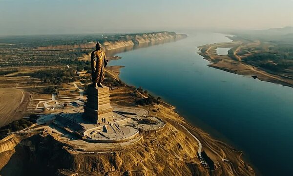 Aerial View of the Statue of Equality, a colossal bronze statue of Lord Bahubali overlooking a river.