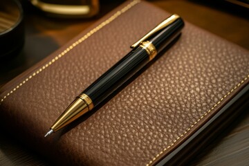 Gold-accented pen rests on brown leather notebook.