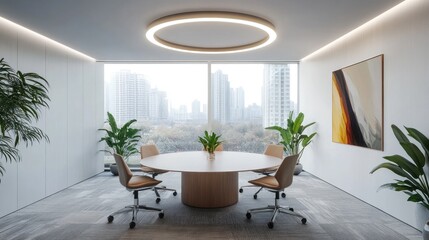 Modern minimalist office meeting room with large window, city view, round table, and plants.