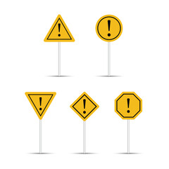 Yellow color warning and caution road sign isolated on a white background. Multiple shape billboard signs design. Exclamatory billboard collection. Traffic signs with a warning icon.