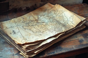 Fototapeta premium Aged maps stacked, wooden surface, antique appearance.