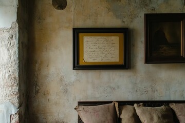 Aged wall, framed writing, artwork, pillows, antique couch.