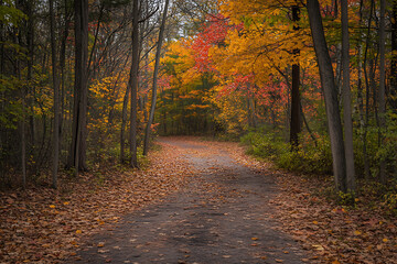 Obraz premium An Enchanting Autumn Forest Path Lined with Vibrant Red and Orange Leaves.