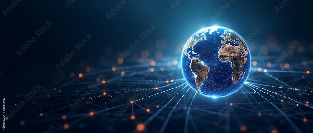 Poster A Professional Poster Displaying a Glowing Globe Surrounded by Connecting Lines Symbolizing Global Outreach and Connectivity for Business Presentations and Campaigns