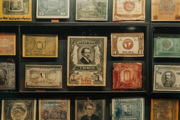 Antique currency display; diverse designs, aged paper.
