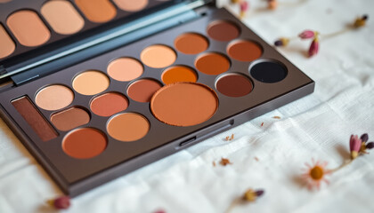 Naklejka premium A beautiful eyeshadow palette featuring warm neutral tones lies on a soft surface, surrounded by small decorative elements, highlighting beauty and elegance.