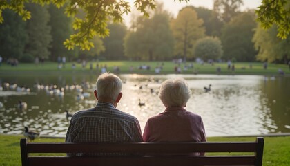Fototapeta premium Elderly couple sitting on a bench by the lake, enjoying a serene moment together