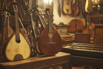 Antique stringed instruments displayed on wooden table.