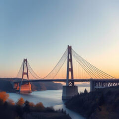 Fototapeta premium Illuminated Bridge Reflecting in Calm River at Dusk