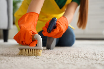 Young woman with brush and sprayer cleaning carpet at home, closeup