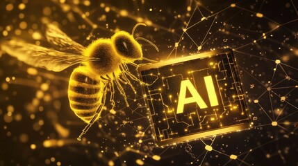 Digital bee holding a frame with AI letters in cyberspace. Virtual reality, programming and information technology of the future. Artificial intelligence, digital code data and cybersecurity