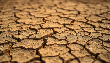 A close-up of cracked, dry earth in a parched landscape, highlighting environmental issues, texture, and the impact of drought on nature.