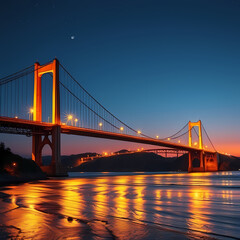 Fototapeta premium Illuminated Bridge Reflecting in Calm River at Dusk