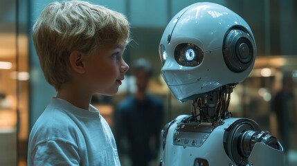 Fototapeta premium Child interacting face-to-face with a futuristic humanoid robot