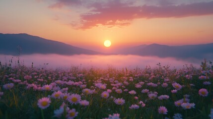 Beautiful sunrise over a flower meadow with soft pink and orange hues