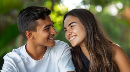 Fototapeta premium Happy Young Couple Smiling Together Outdoors 