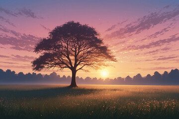 Fototapeta premium Gentle sunrise over foggy meadow, lone tree silhouette, pink-gold sky, and sparkling dew, in anime style