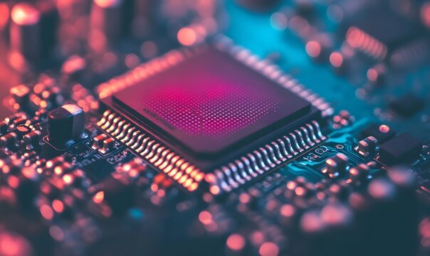 Microchip with red highlights on circuit board.