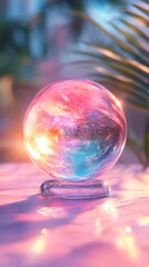 Colorful glowing crystal ball on reflective surface