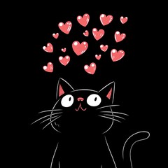 cute black cartoon cat with wide eyes looking upwards, many red hearts above, black background. love, cute Valentine's Day, affection, cat lover gift, cute art print, digital sticker and emoji concept