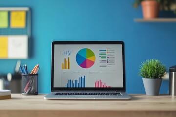 Fototapeta premium Vibrant minimalist data visualization on laptop amidst trendy office decor and blue background