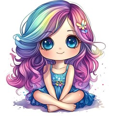 Cute chibi girl with rainbow hair. Concept of fantasy, imagination, and childhood.