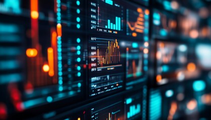 Fototapeta premium Close up of digital screens showcasing ai driven financial data and graphs in a dimly lit setting