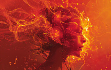 A striking portrait of a young woman wearing headphones, surrounded by flames, posing thoughtfully against a red background. Ideal for a music album cover or social media screensaver.