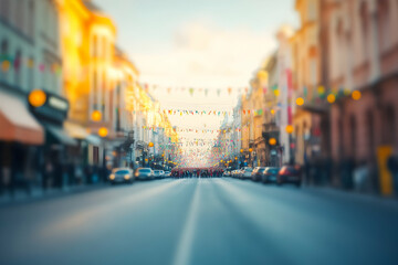 Obraz premium A vibrant street is alive with celebrations as colorful flags wave in the gentle evening breeze