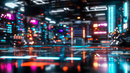 Obraz premium Futuristic trading floor with glowing lights and reflective surfaces, showcasing advanced technology and vibrant atmosphere