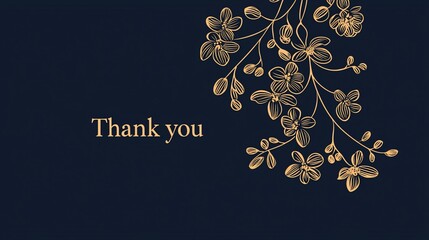 Elegant thank you card with gold floral design on dark blue background.