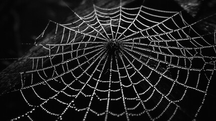 Obraz premium Dew-covered spiderweb in monochrome.