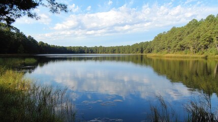 Serene Lake Reflection in a Pine Forest
