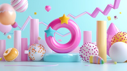Colorful 3D shapes and graphs create playful atmosphere, showcasing financial performance analysis