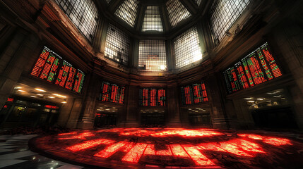 Obraz premium Glowing red warning signals illuminate floor of dark, expansive hall, creating dramatic atmosphere. intricate architecture enhances scene