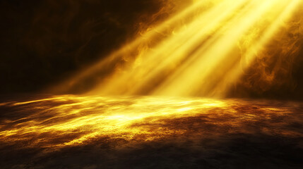 Golden beams of light illuminate dark stage, creating dramatic atmosphere. soft glow enhances mysterious ambiance of scene