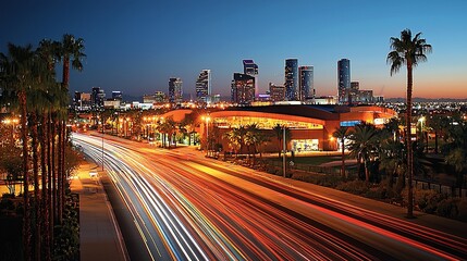 Obraz premium City skyline at dusk, freeway traffic light trails.