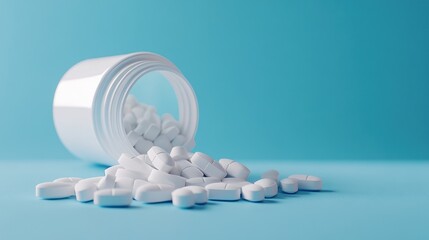 White Pills Spilled from Bottle on Blue Background: Medical, Pharmaceutical, Healthcare Concept