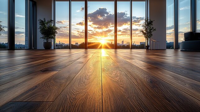 Modern office space with wide plank engineered wood flooring photographed at sunset with warm tones reflecting off the smooth surface cinematic wideangle shot